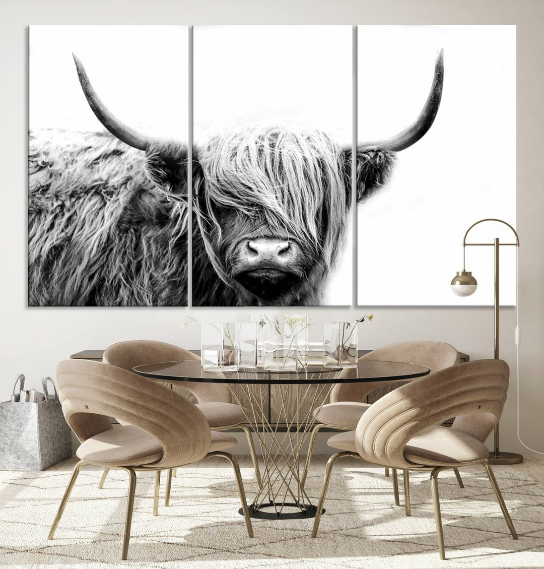 A museum-quality triptych titled "Black White Scottish Highland Cow Cattle Art Print Farmhouse Wall Art Canvas Print" embellishes the dark wall. The canvas is equipped with a UV-protective coating to ensure lasting vibrancy.