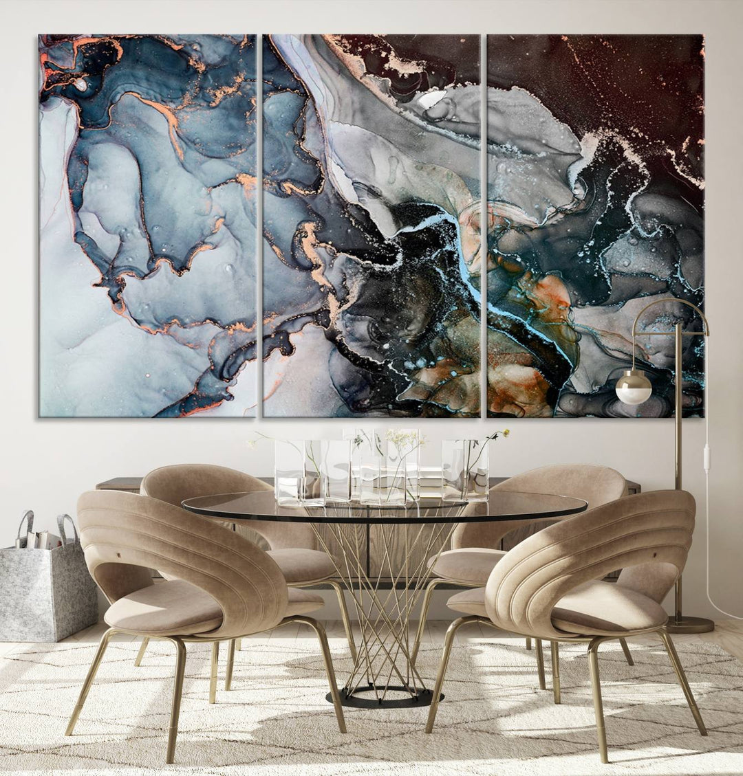 The Mix Color Large Abstract Marble Wall Art Canvas Print is printed on museum-quality canvas. It features a UV-protective coating and is ready to hang, adding elegance to the room.