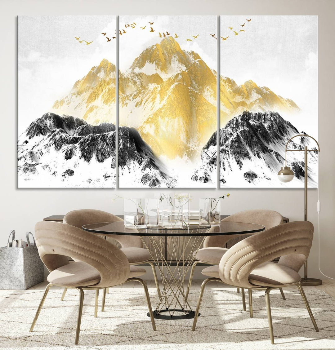 Golden Mountain Triptych Wall Art, Modern Giclee Canvas Print, Nature Landscape Decor for Living Room, Contemporary Gold and Black Wall Art