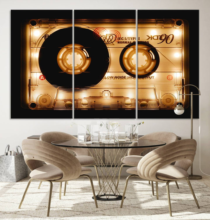 The Shining Audio Cassette Retro Music Wall Art Canvas Print, featuring a vintage cassette tape design and protected with a UV coating on museum-quality canvases, creates an impressive visual impact.