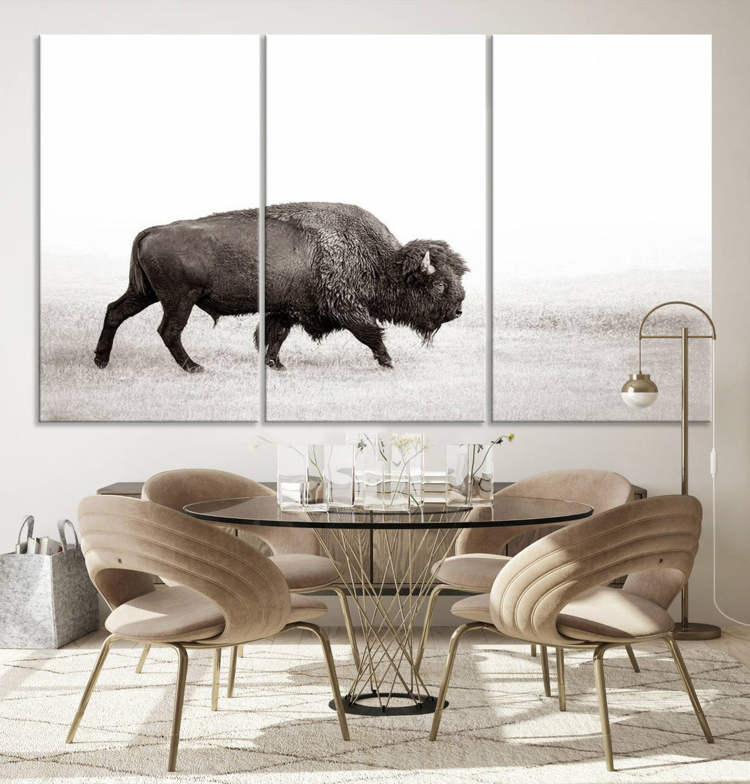 American Bison in Grasslands Triptych Canvas Wall Art – Western-Inspired Nature Decor for Home or Office