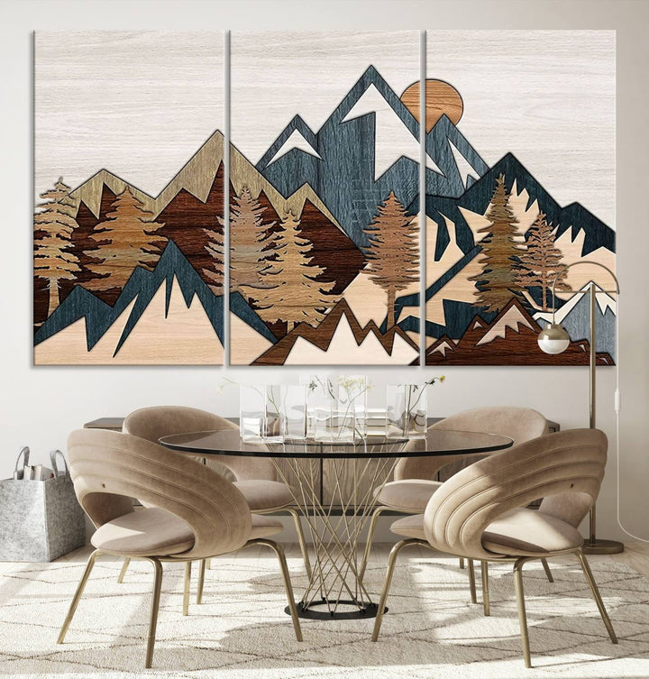 Woodland Mountain Landscape Triptych, Giclee Canvas Art for Modern Home, Rustic Wooden Nature Wall Art, Large Mountain and Tree Canvas for Living Room