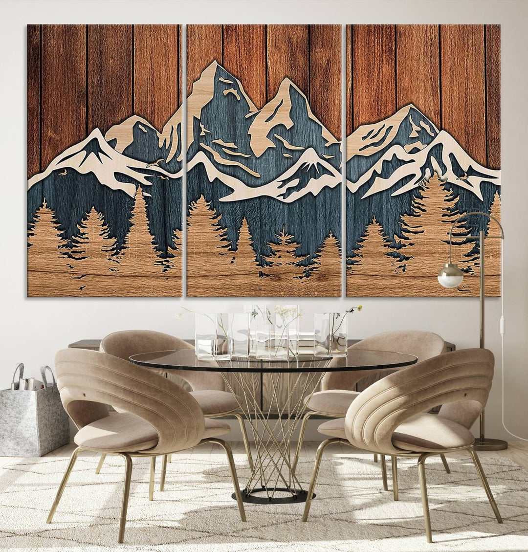 Rustic Wood Style Mountain Wall Art, Nature Forest Canvas Print, Wooden Textured Mountain Artwork, Handcrafted Landscape Decor for Farmhouse Decor