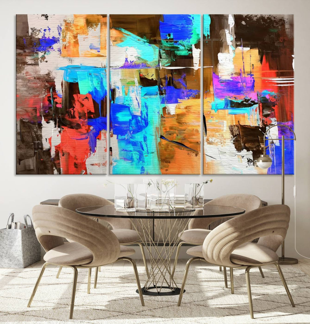 In a modern living room, the "Colorful Abstract Wall Art Canvas Print" serves as a stunning triptych centerpiece on museum-quality canvas, ready to hang. Its UV-protective coating ensures enduring vibrancy.