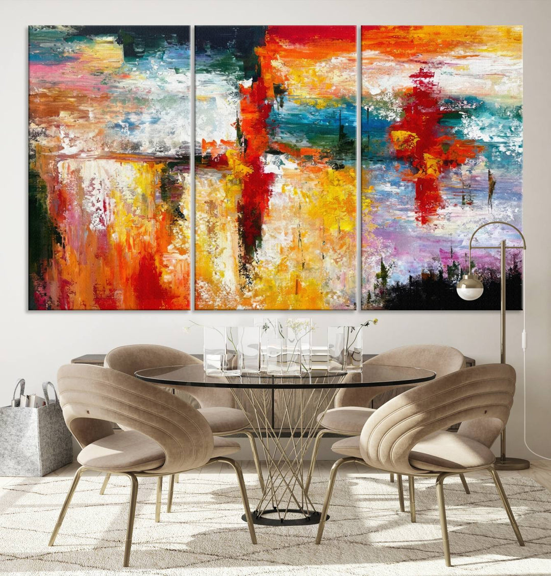 A Colorful Abstract Wall Art Canvas Print graces the wall, making this ready-to-hang masterpiece, complete with UV-protective coating, perfect for elevating any space with its vibrant allure.