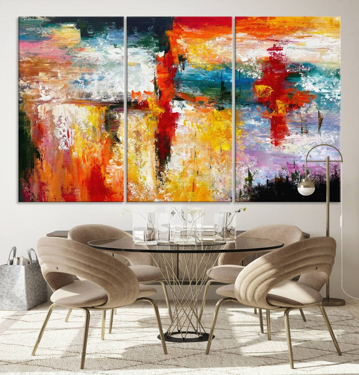 A Colorful Abstract Wall Art Canvas Print graces the wall, making this ready-to-hang masterpiece, complete with UV-protective coating, perfect for elevating any space with its vibrant allure.