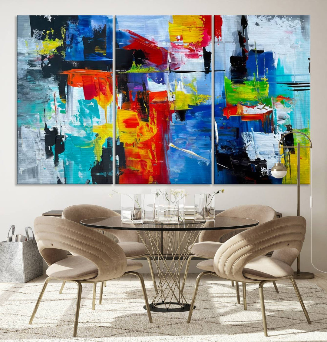 Three Colorful Abstract Wall Art Canvas Prints feature vibrant colors on museum-quality canvas and are finished with a UV-protective coating. Their ready-to-hang design allows for effortless transformation of your space.