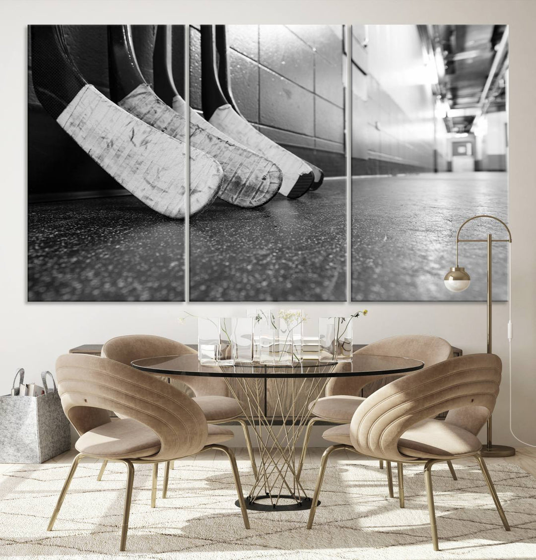 A living room featuring a large Ice Hockey Wall Art Canvas Print on gallery-wrapped canvas.