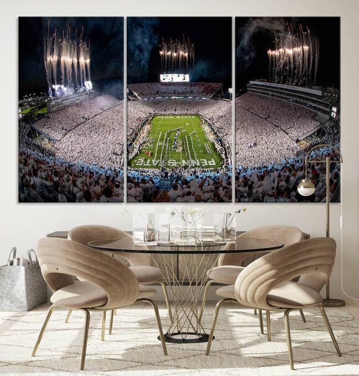 The Penn Stadium Football Wall Art Canvas Print showcases the lively ambiance of a bustling Pennsylvania University football stadium illuminated by fireworks.