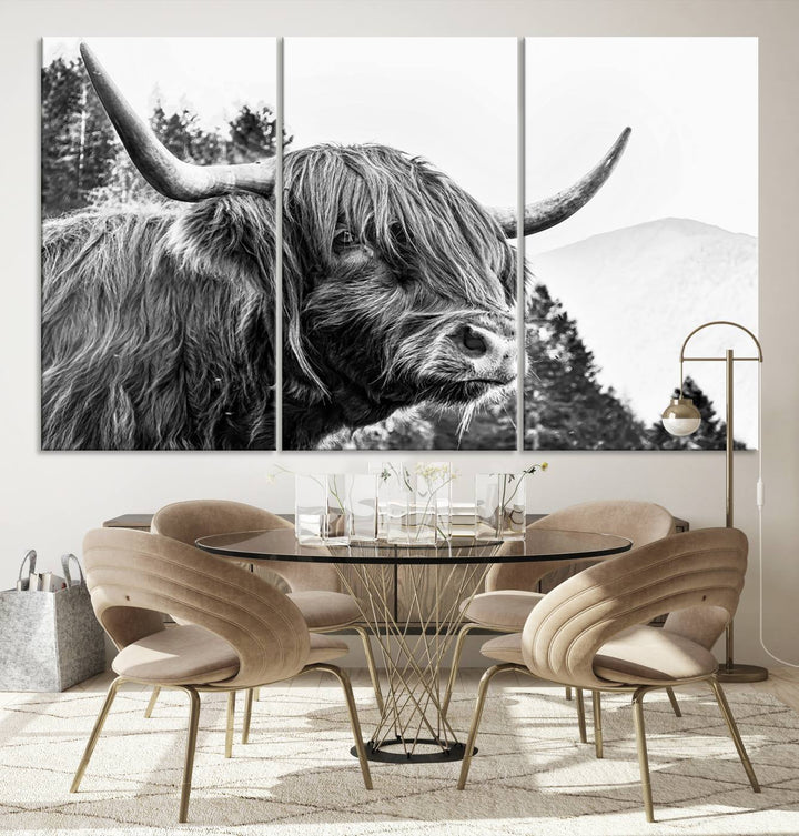 The Scottish Longhorn Wall Art Canvas Print features a highland cow with long horns and shaggy hair displayed on a museum-quality canvas. Equipped with a UV-protective coating for durability, it's ready to hang and enjoy for years to come.