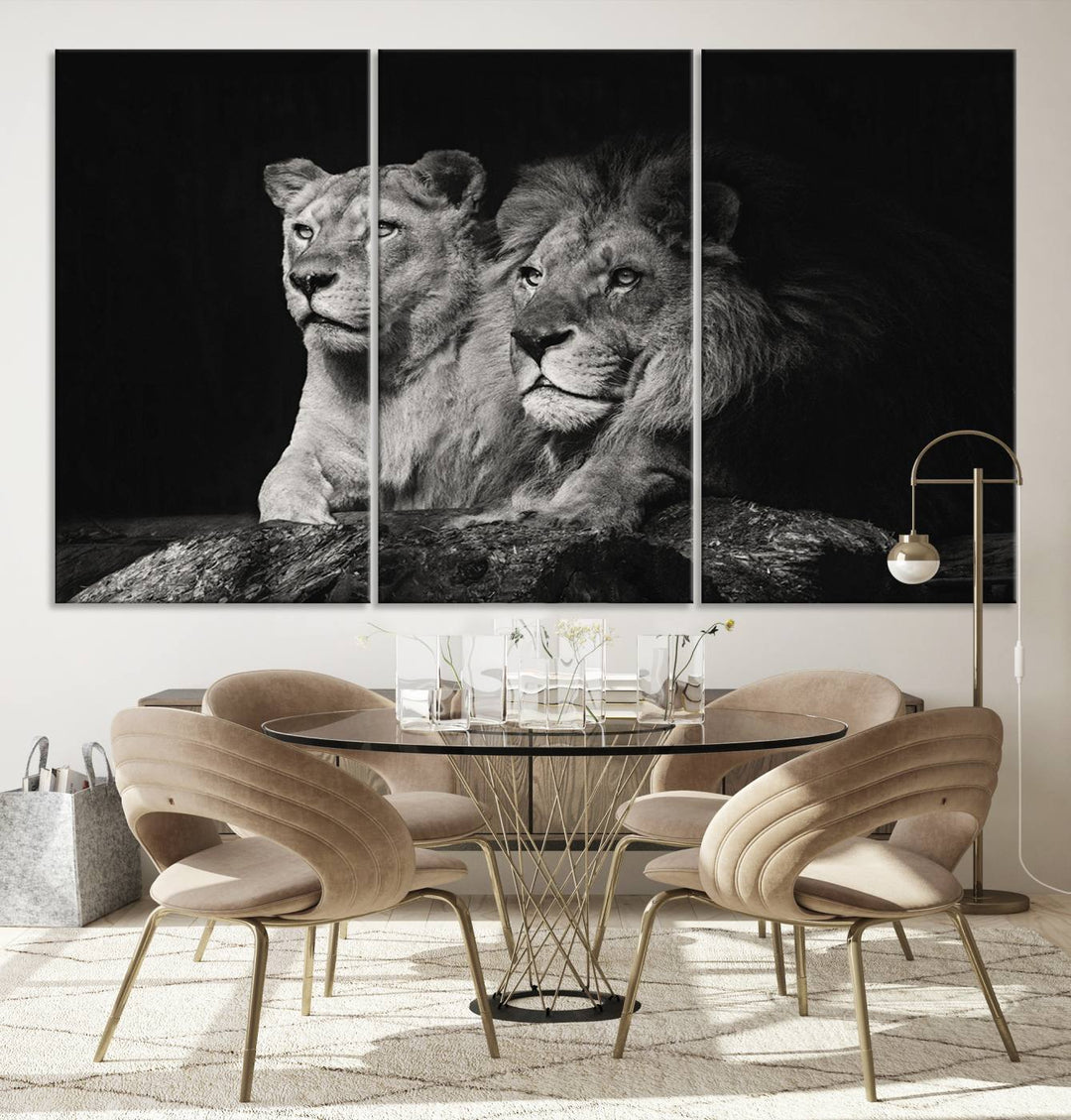 The elegant wildlife portrait, "Lion Couple Canvas Wall Art Print," featuring a black and white depiction of a lion family, majestically decorates the living room wall.