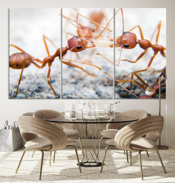 The "Ants Wall Art Canvas Print" features two ants facing each other, beautifully presented across three panels on museum-quality canvas with a UV-protective coating.