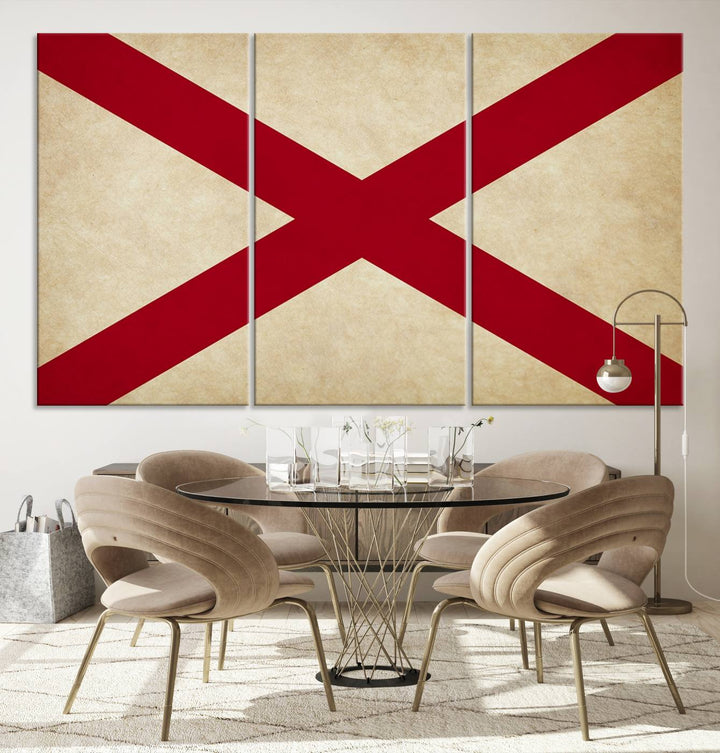 The USA Alabama States Flag Wall Art, featuring a red diagonal cross on a cream background, is elegantly displayed on museum-quality canvas with a UV-protective coating.