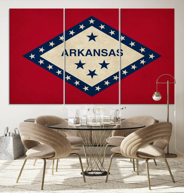 The Arkansas Flag Wall Art Canvas Print is displayed on gallery-wrapped, museum-quality canvases. Its vibrant colors are preserved by a UV-protective coating, ensuring long-lasting brilliance in your living space.