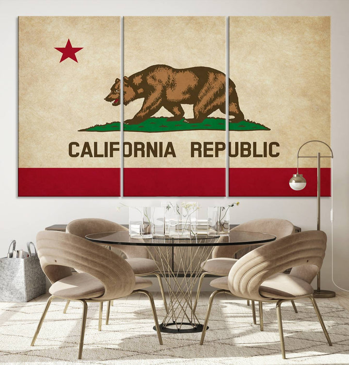 The Calinia States Flag Wall Art Canvas Print, featuring a bear and star design reminiscent of the California Republic flag, is crafted on museum-quality polycotton canvas with a UV-protective coating and is proudly made in the USA.