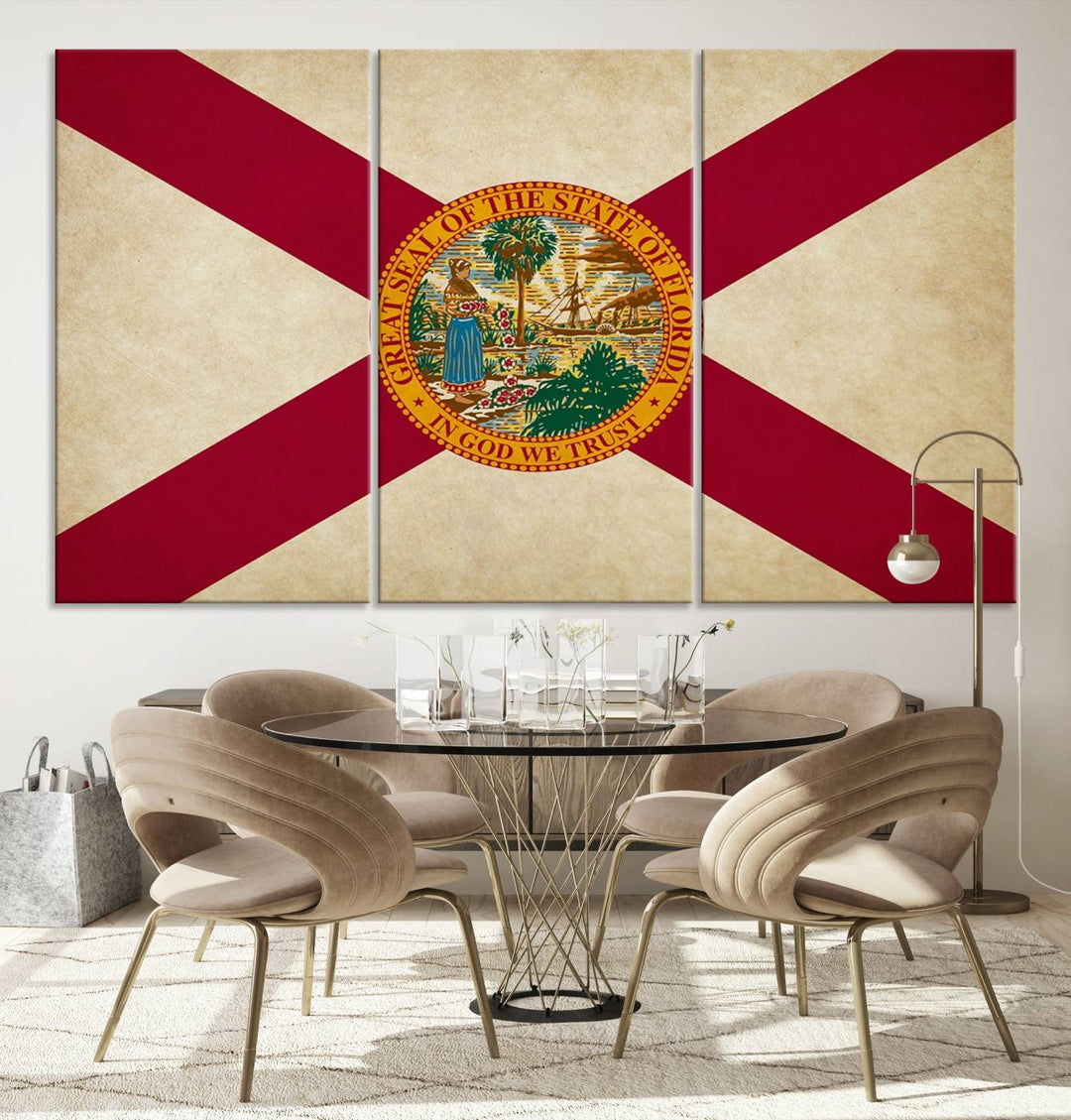 A Florida States Flag Wall Art Canvas Print, featuring a UV-protective coating for museum-quality preservation, is displayed.