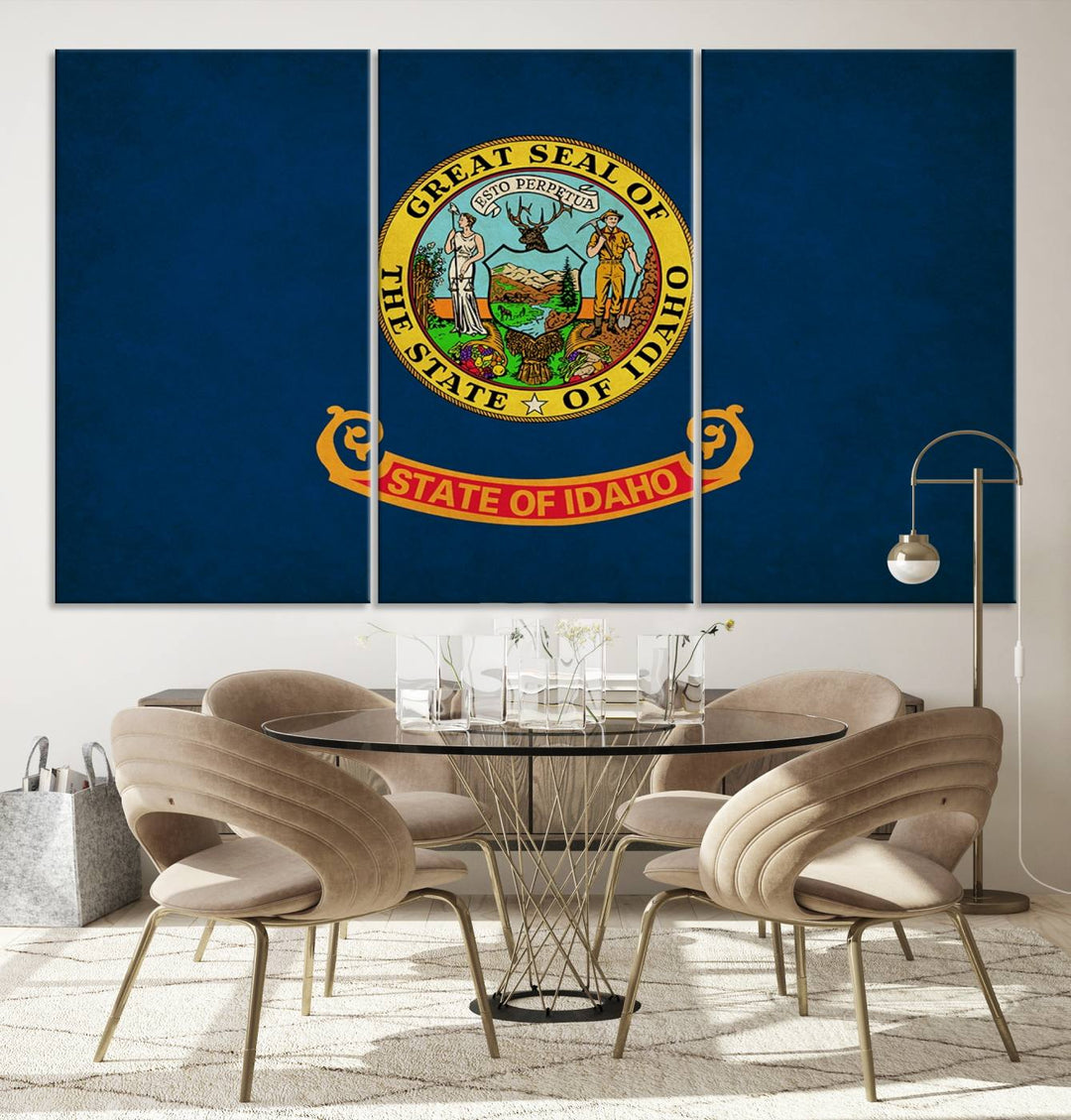 The Idaho USA States Flag Wall Art Canvas Print, featuring a UV-protective coating for lasting vibrancy, is ready to hang.