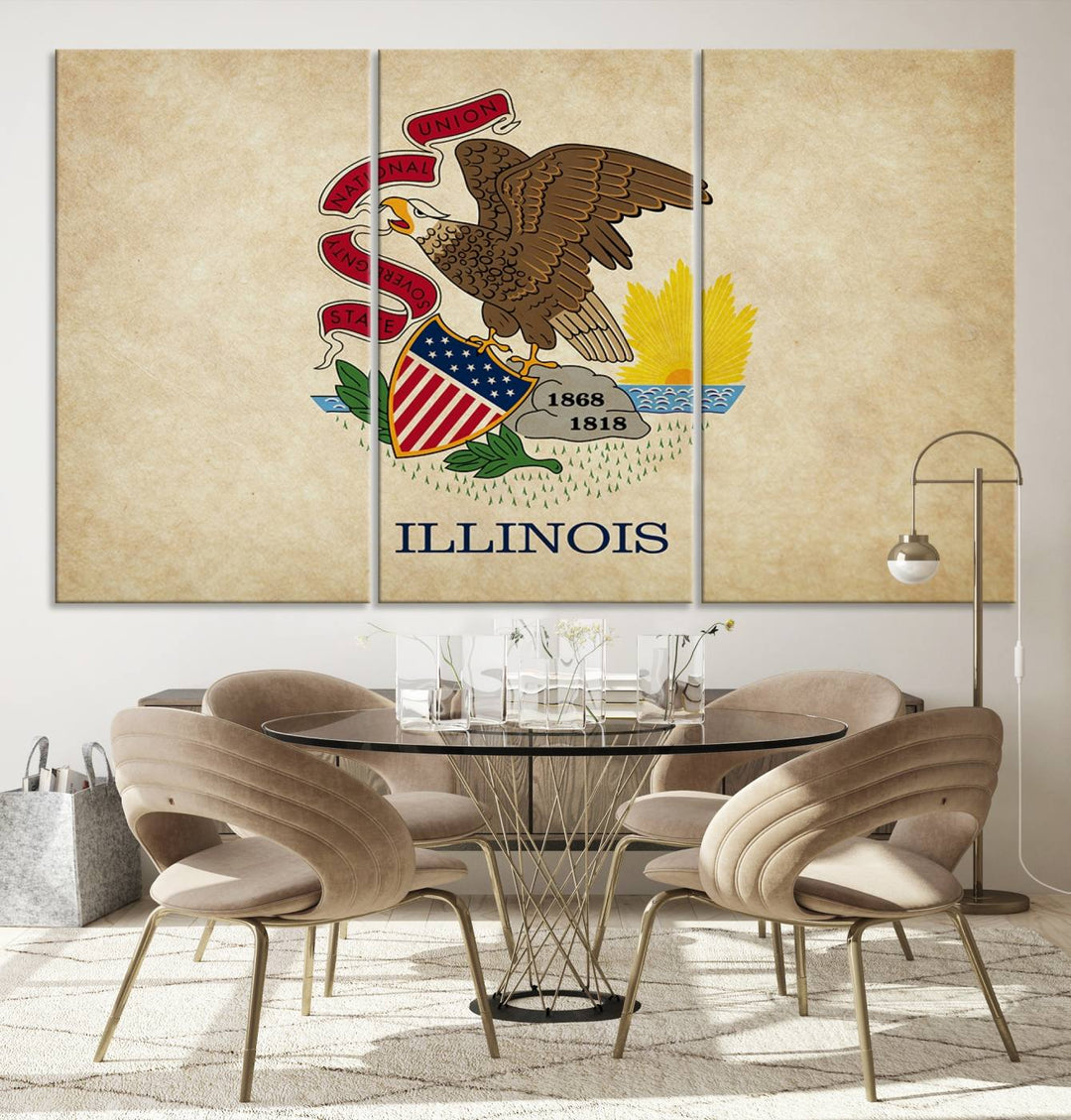 The Illinois State Flag Wall Art Canvas Print, crafted on museum-quality canvas with a UV-protective coating, is displayed prominently.