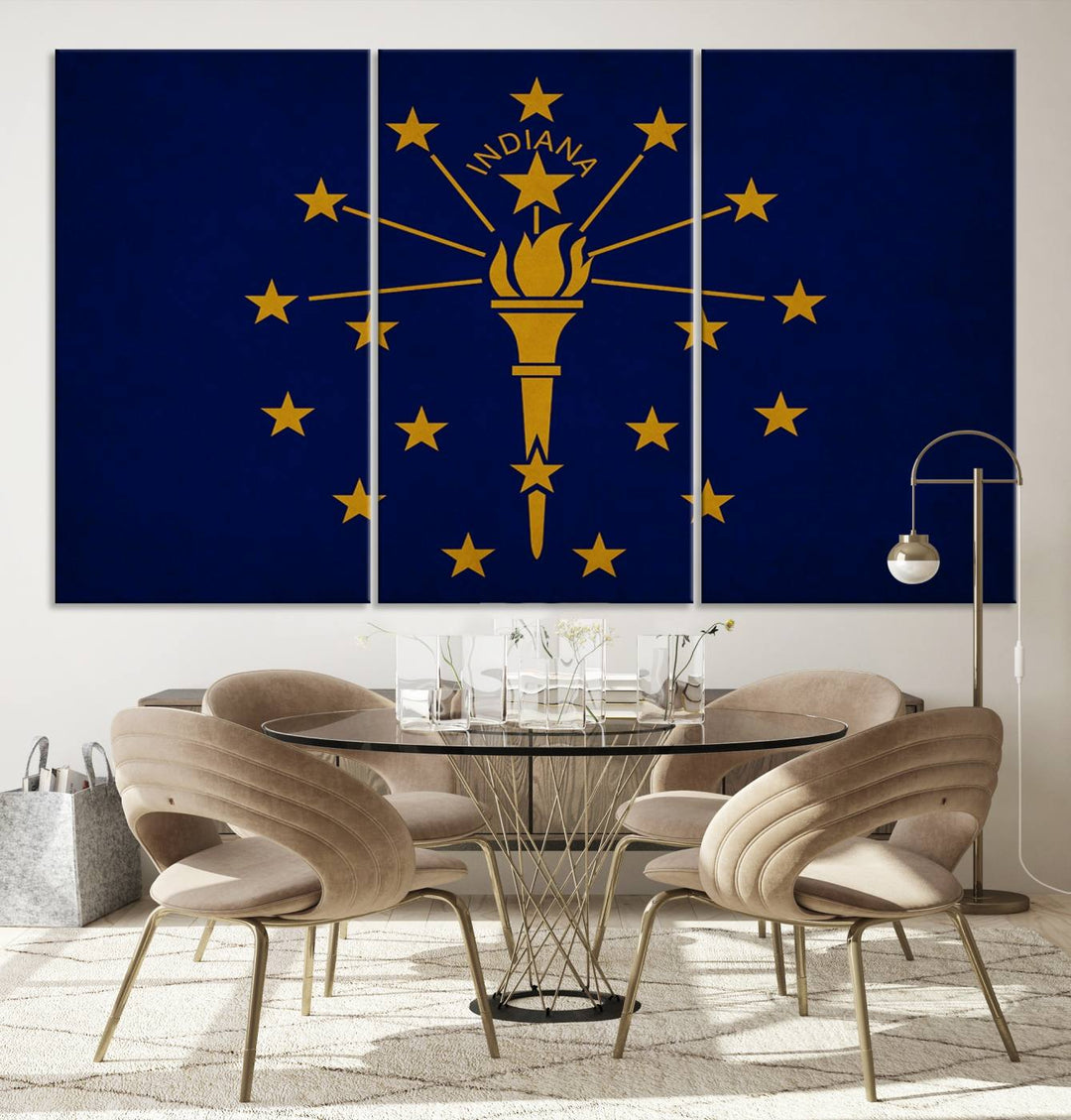 The Indiana States Flag Wall Art Canvas Print, featuring museum-quality canvas with a UV-protective coating, adorns the wall and brings an elegant and charming touch to your living space. Ready to hang, this piece becomes a standout feature in any room.