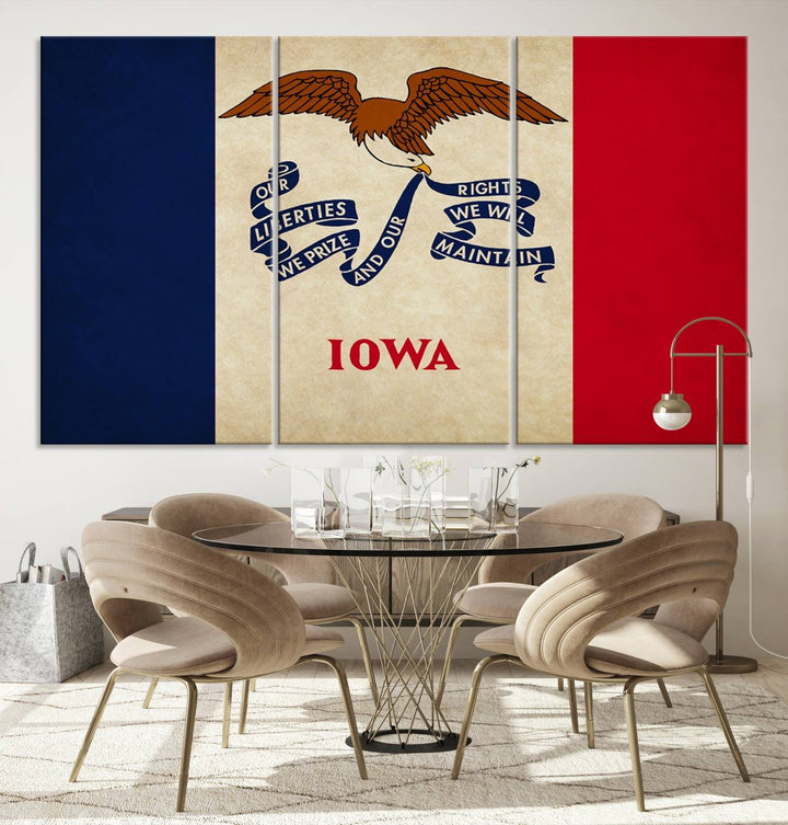 A beautiful Iowa States Flag Wall Art enhances the area, made on museum-quality canvas and boasting a gallery-wrapped design for enduring elegance.