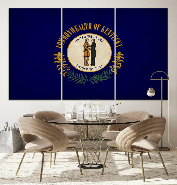 A museum-quality canvas of the Kentucky State Flag Wall Art graces the wall, featuring a UV-protective coating to maintain its vivid colors. Benefit from free shipping on this impressive home decor piece.