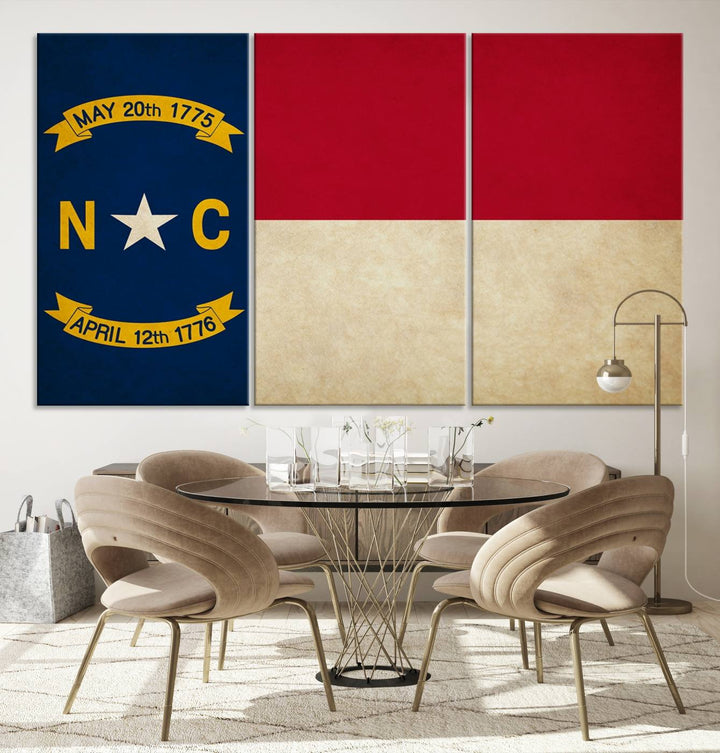 A museum-quality North Carolina State Flag Wall Art Canvas Print graces the wall, adding charm and character to any living space. Enjoy free shipping on this timeless piece.