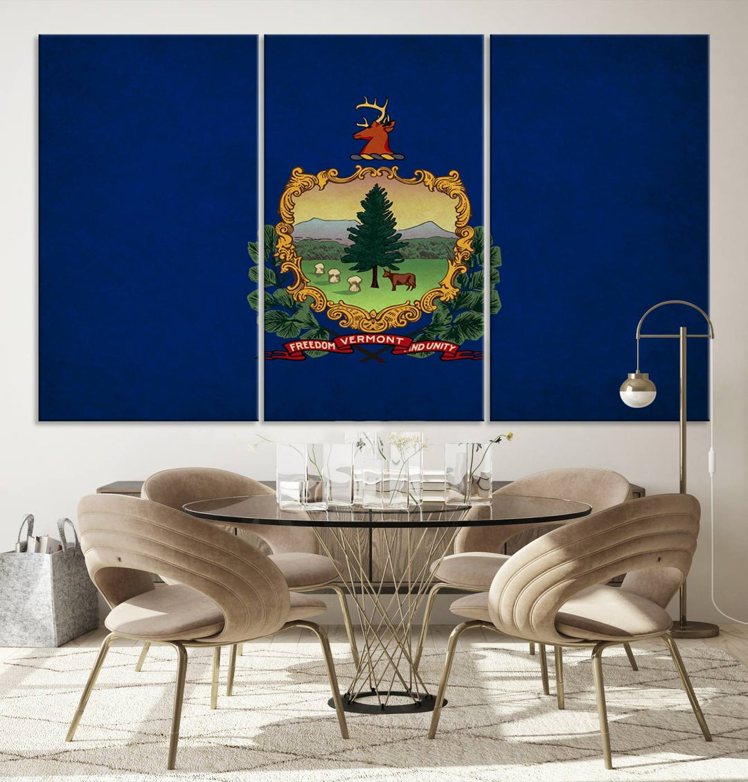 The Vermont Flag Wall Art Canvas Print is a museum-quality piece enhanced with UV-protective finishes, offering both style and durability. Enjoy free shipping on this classic decor addition.