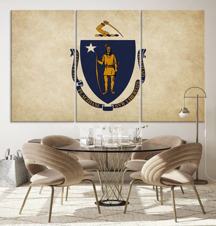 The Massachusetts State of Flag Wall Art Canvas Print, handcrafted on a museum-quality canvas with UV-protective coating, decorates the wall. It is ready to hang and adds a touch of elegance to the space.