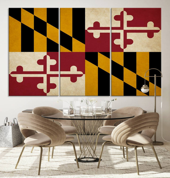 The Maryland Flag Wall Art Canvas Print, boasting a UV-protective coating for vibrant colors and durability, is a museum-quality piece offered with free shipping, making it the perfect addition to your space.