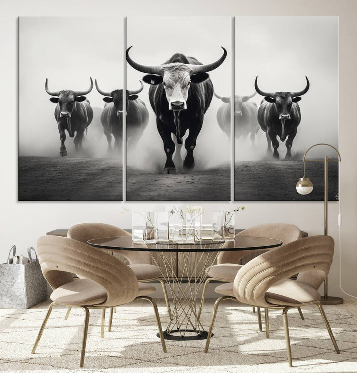 The Texas Longhorn Cow Animal Wall Art Canvas Print beautifully embellishes the area with its depiction of longhorn cattle in a misty setting, seamlessly integrating Western decor into the space.