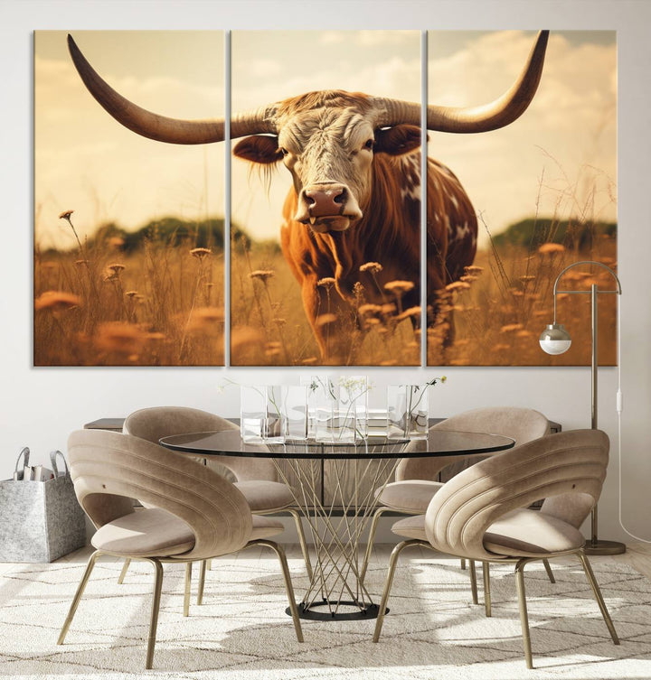 Cow Bighorn Wall Art Canvas Print, Longhorn Texas Cow Animal Canvas Print