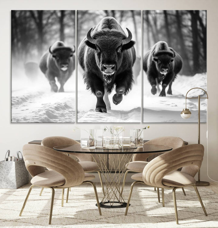 Transform your living room with the Buffalo Wall Art Canvas Print triptych, showcasing a bison family in motion across a snowy landscape. This striking Western decor piece becomes the focal point of any room.