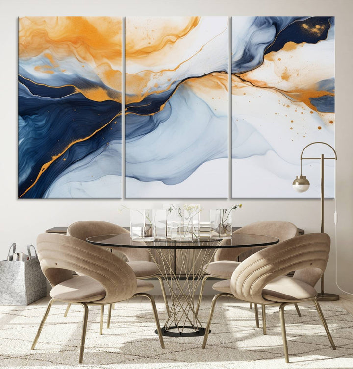 Modern living room featuring the 'Extra Large Orange Navy Blue Abstract Wall Art Canvas Print.'