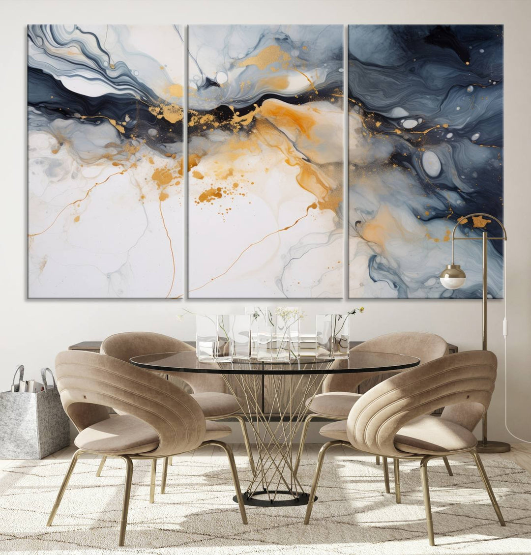 The Dark Blue and Orange Abstract Wall Art, featuring museum-quality canvas with captivating dark and golden swirls, is ready to hang and boasts a UV-protective coating to ensure enduring vibrancy and sophistication.