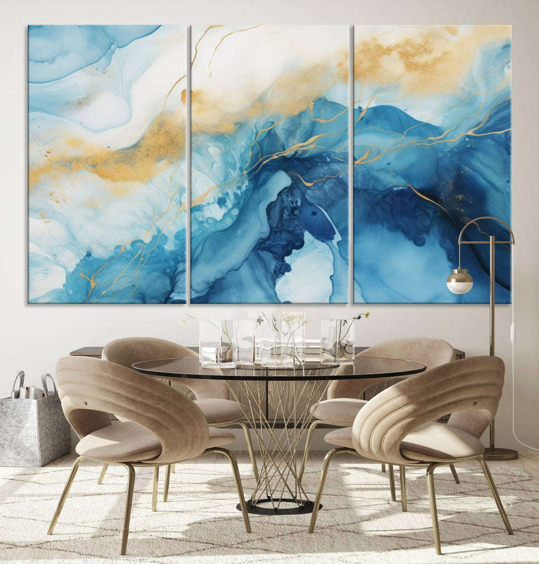 Blue and Gold Abstract Canvas Wall Art Print – Contemporary Fluid Design with Luxe Marble Effect – Ready to Hang