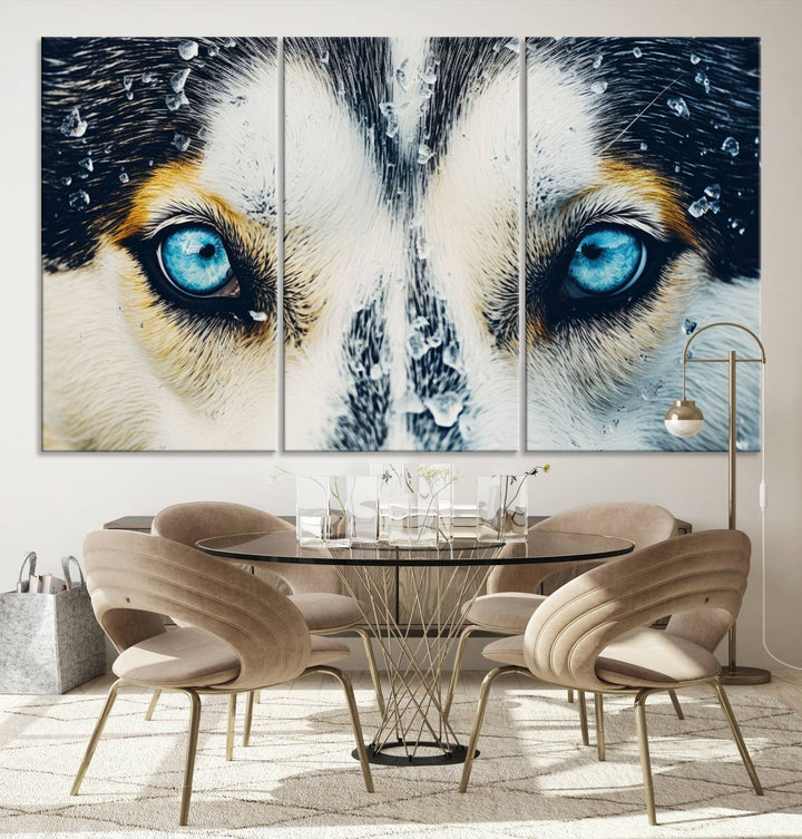 The captivating "Winter Siberian Husky Wolf EYE Wall Art Canvas Print" showcases the striking blue eyes of the animal portrait.