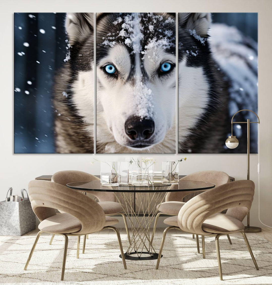 A digital art piece titled "Winter Siberian Husky Wolf Wall Art Canvas Print" showcases a blue-eyed husky blanketed in snow. Printed on high-quality canvas, it is an ideal choice for nature and dog enthusiasts.