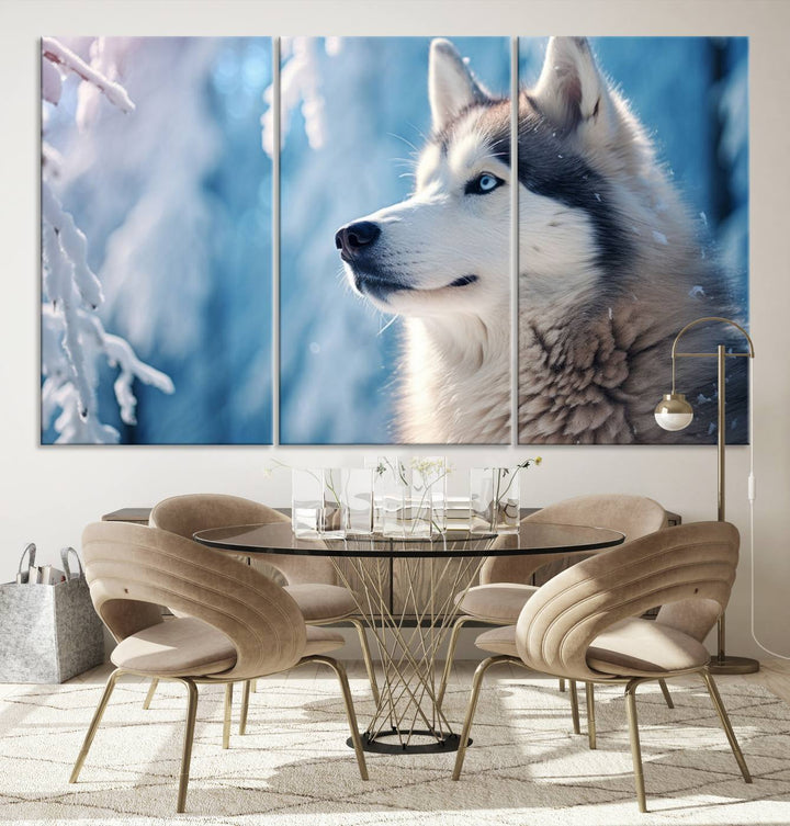 A captivating Winter Siberian Husky Wolf Wall Art Canvas Print hangs prominently.