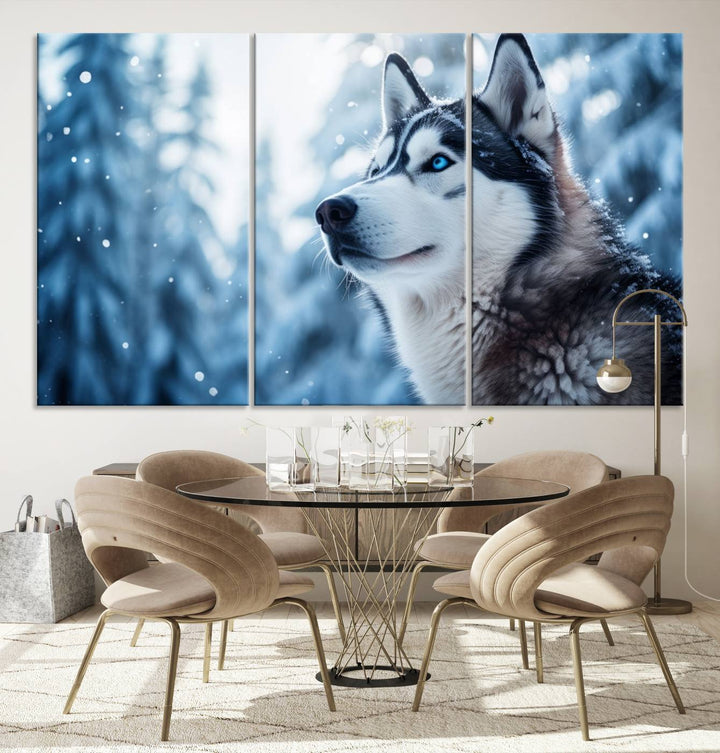 The "Winter Siberian Husky Wolf Wall Art Canvas Print" is elegantly displayed, enhancing the room's cozy ambiance in a snowy forest setting.