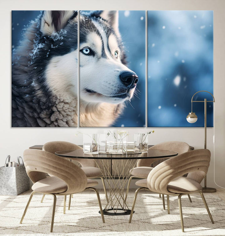 The space above the sofa features the Winter Siberian Husky Wolf Wall Art Canvas Print, creating a stunning snowy scene.