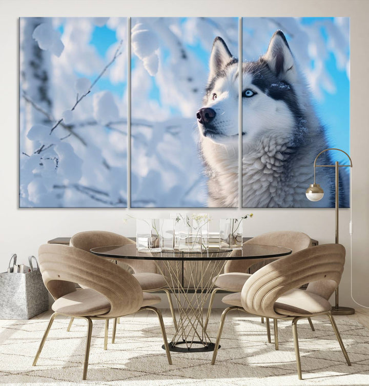 The Siberian Husky Art Canvas elegantly enhances the room.