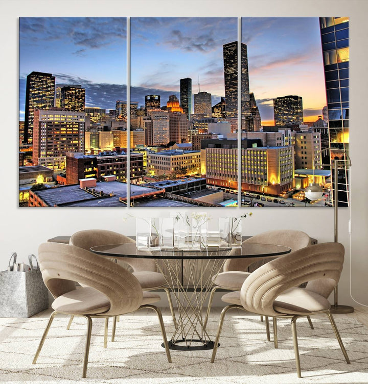 The modern living room features the Houston Wall Art Canvas Print on the wall. This professional craftsman framed masterpiece depicts a cityscape and is created with museum-quality polycotton canvas, ensuring a polished look that enhances its elegant charm.