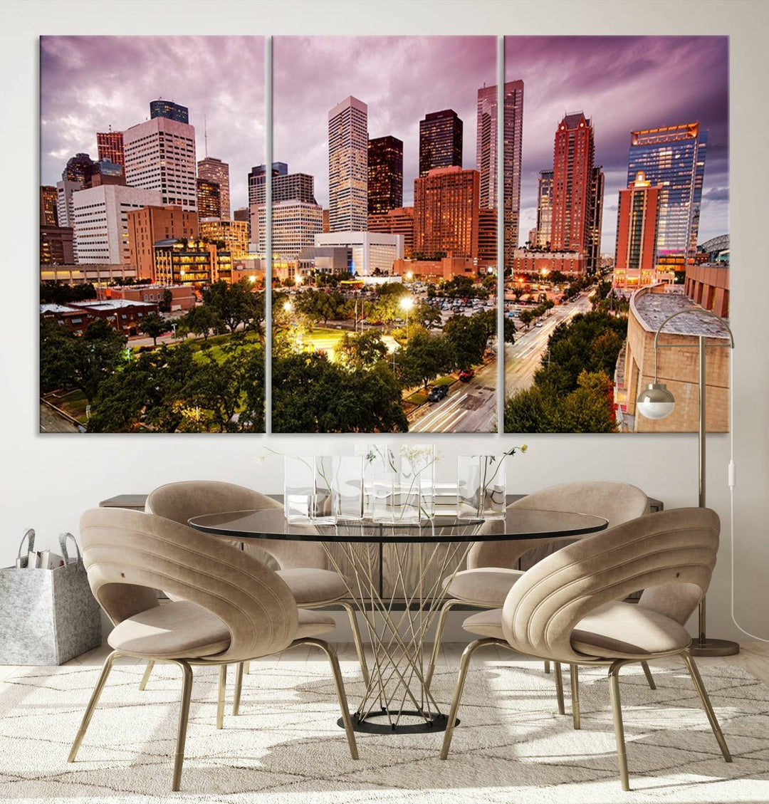 The Houston Wall Art Canvas Print in the living room displays a vibrant city skyline at twilight on museum-quality canvas with UV-protective coating.