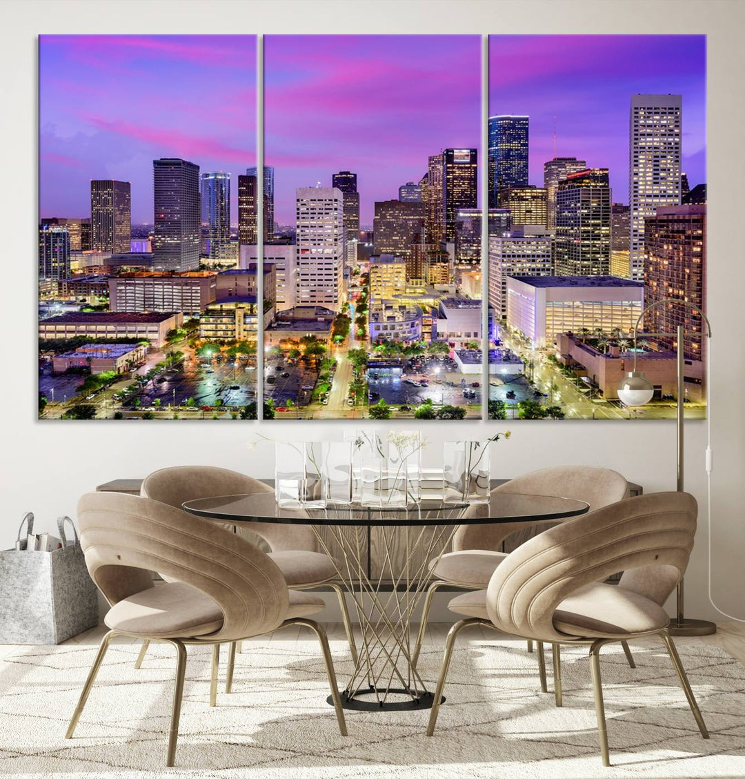 Houston Wall Art Canvas Print showcasing a vibrant cityscape at dusk on museum-quality canvas, expertly crafted by professional craftsmen.