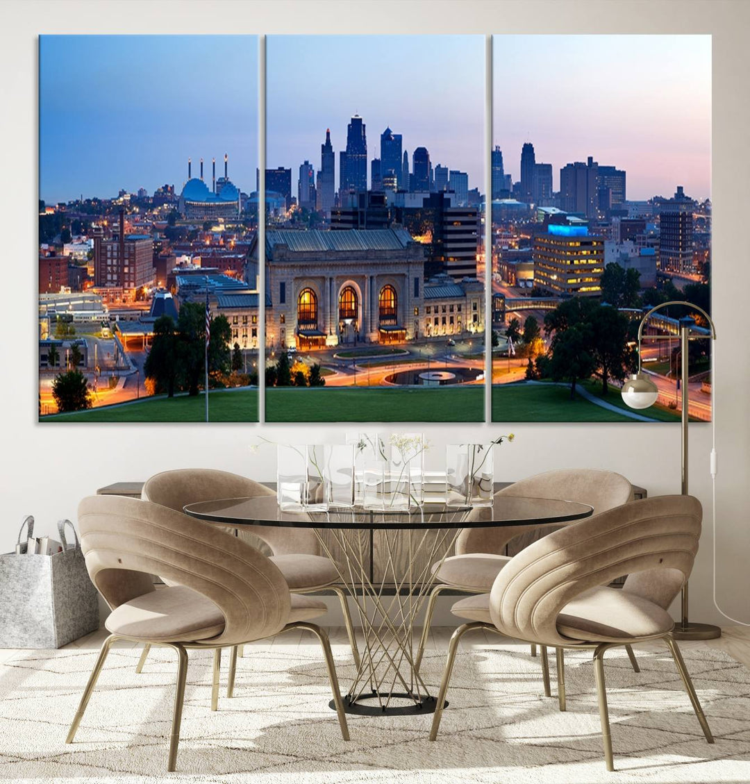 The Kansas City Skyline Canvas Wall Art Print hangs above, showcasing an iconic dusk cityscape with a historic building in the foreground, exuding urban sophistication.