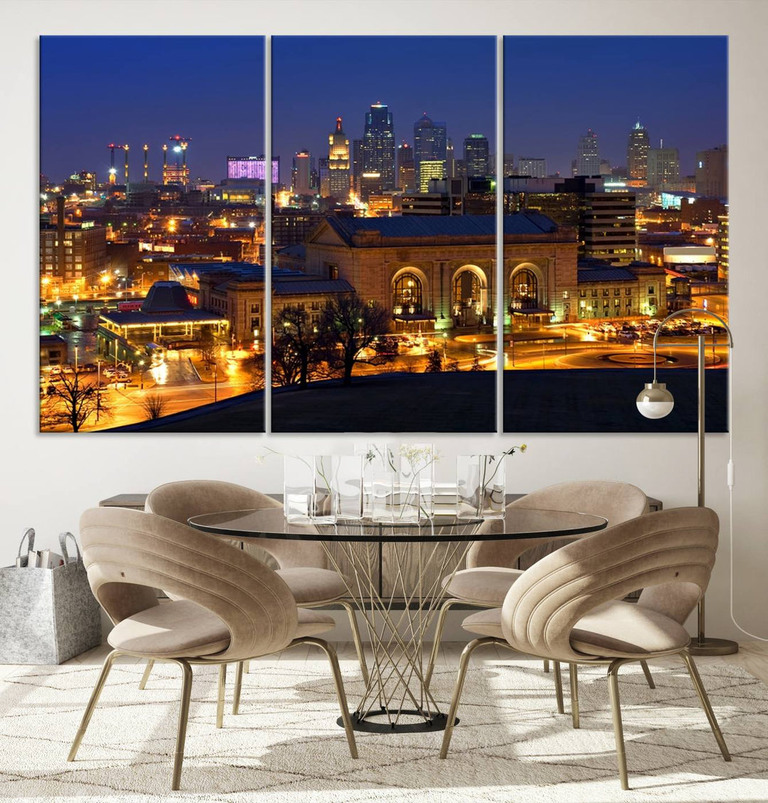 The Kansas City Night Canvas Print Wall Art creates a scene as captivating as museum-quality art, showcasing a city skyline at night with illuminated buildings.