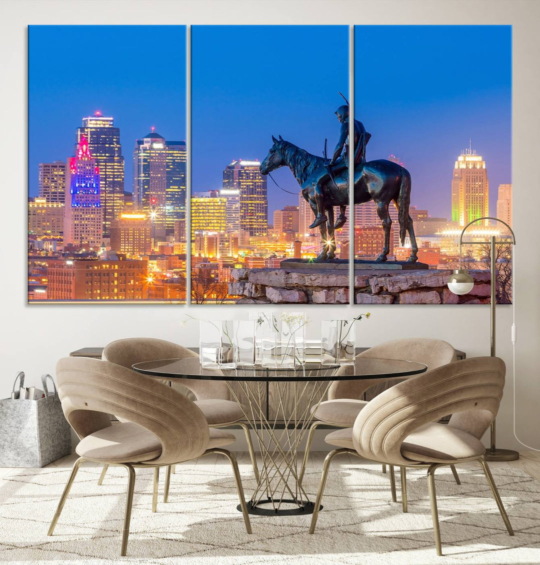 A large Kansas City Night Canvas Print Wall Art adorns the wall, gallery wrapped and finished with a UV-protective coating for lasting vibrancy.