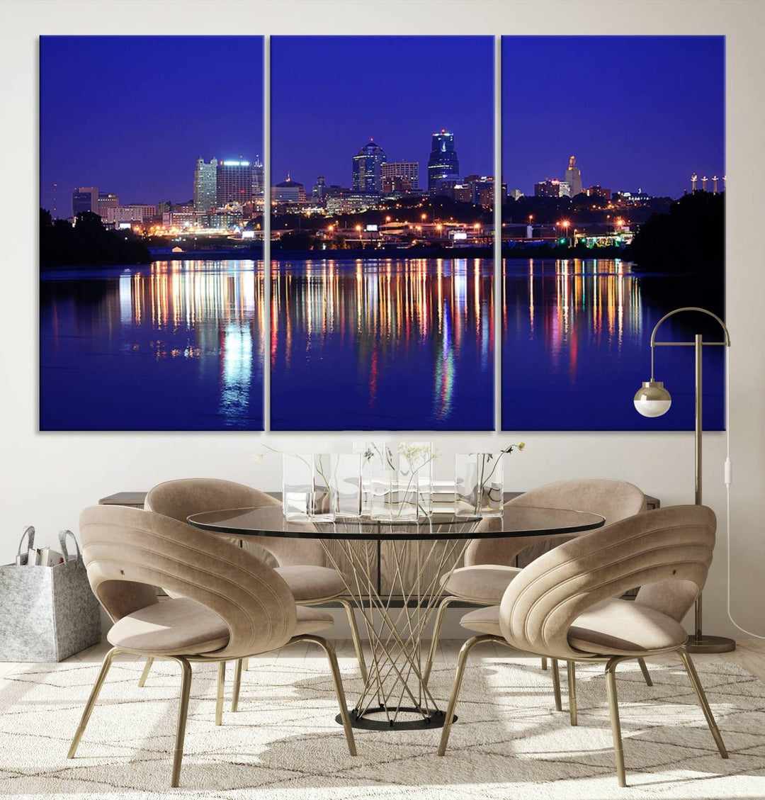 The Kansas City Night Canvas Print Wall Art captures the shimmering city skyline on the calm water, where every detail resembles a museum-quality polycotton masterpiece.