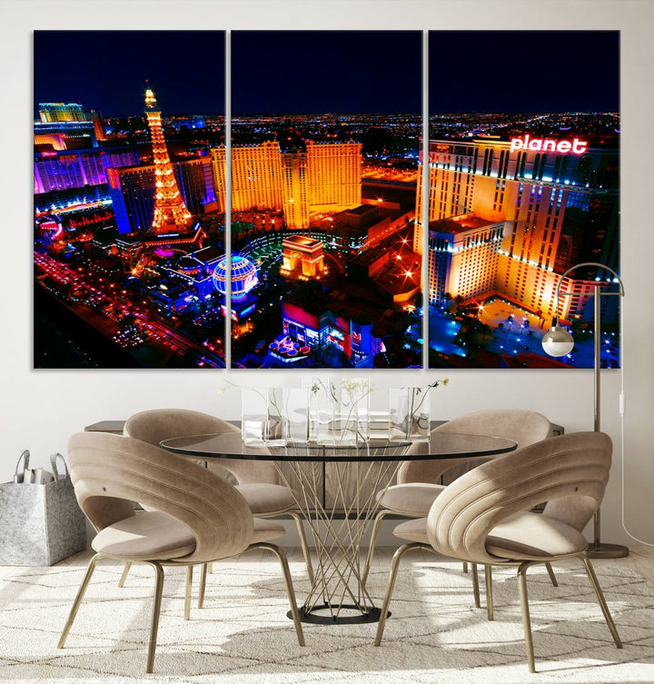 Las Vegas Wall Art Canvas Print showcases a dynamic and luminous cityscape at night with tall buildings and bustling streets. Expertly printed on museum-quality canvas, this gallery-wrapped artwork is enhanced with a UV-protective coating to ensure lasting brilliance.