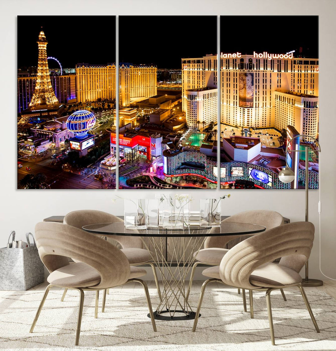 The Las Vegas Wall Art Canvas Print is a triptych set that showcases a stunning night view of Las Vegas. The illuminated buildings and the iconic faux Eiffel Tower add elegance to any space. Each piece comes with a UV-protective coating and is ready to hang, ensuring both style and durability.